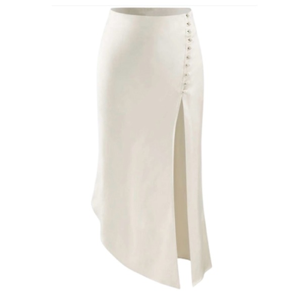 Micas Dresses & Skirts - MICAS • Asymmetric Hem Slit Button Deco Cream Satin Skirt M NWOT